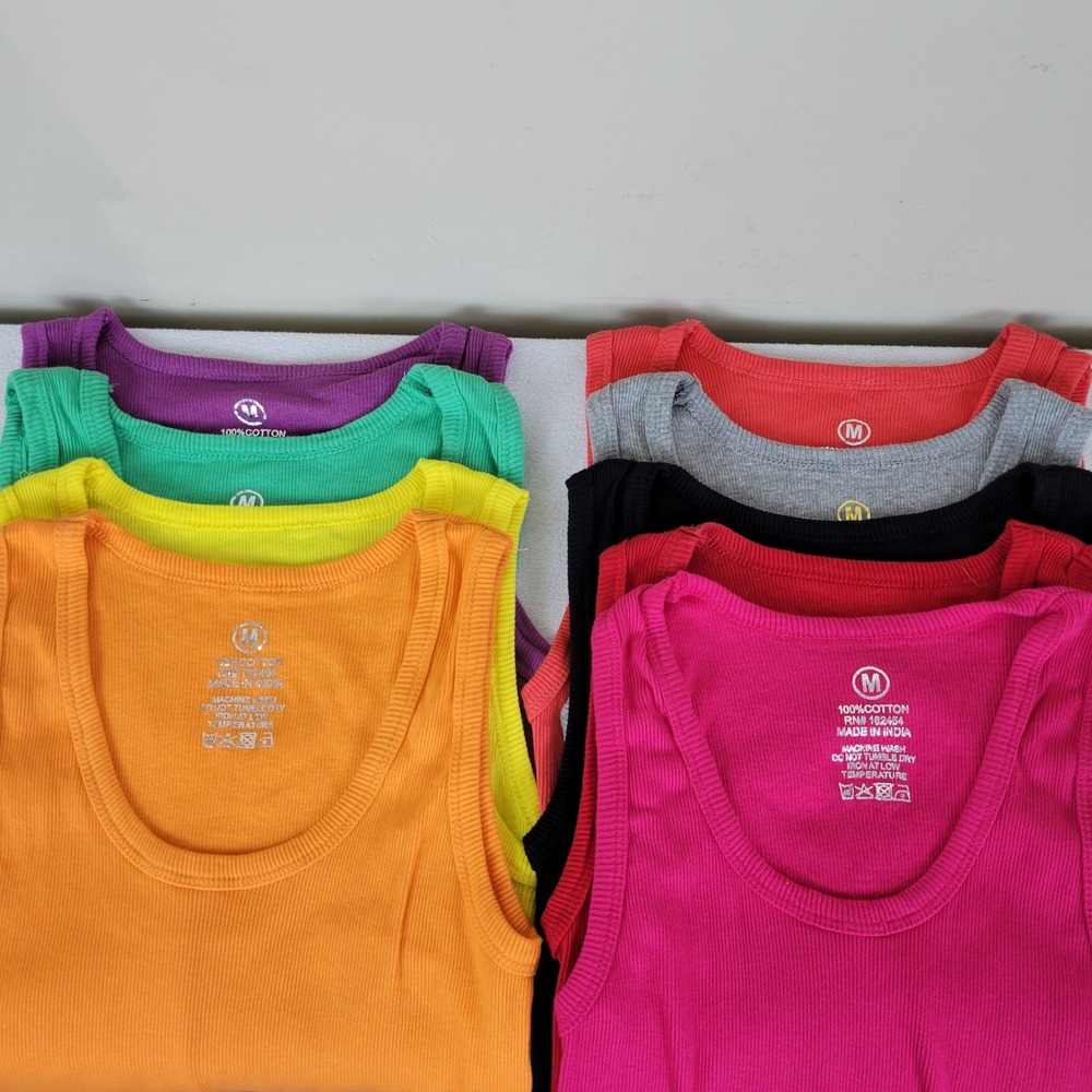Lot of 9 Womens Ribbed Cotton Tank Tops Medium Rainbow Colors Scoop Neck